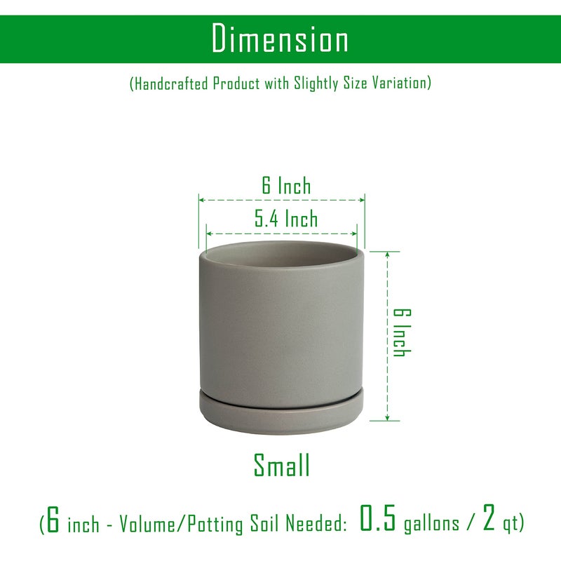 D'vine Dev 6 Inch Ceramic Planter Pot with Drainage Hole and Saucer, Indoor Cylinder Round Flower Pot, Grey, 94-O-C-3 - Image 3